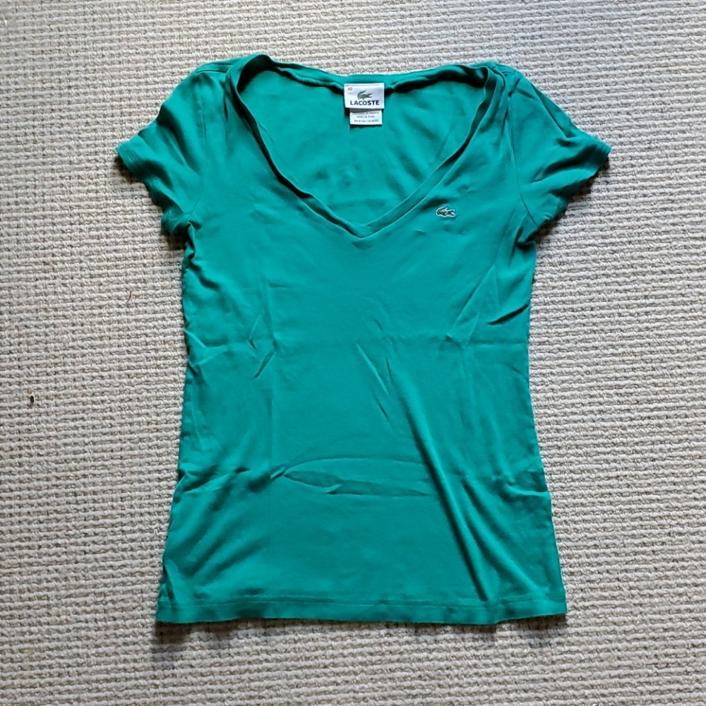 Lacoste green v neck cotton tee size S